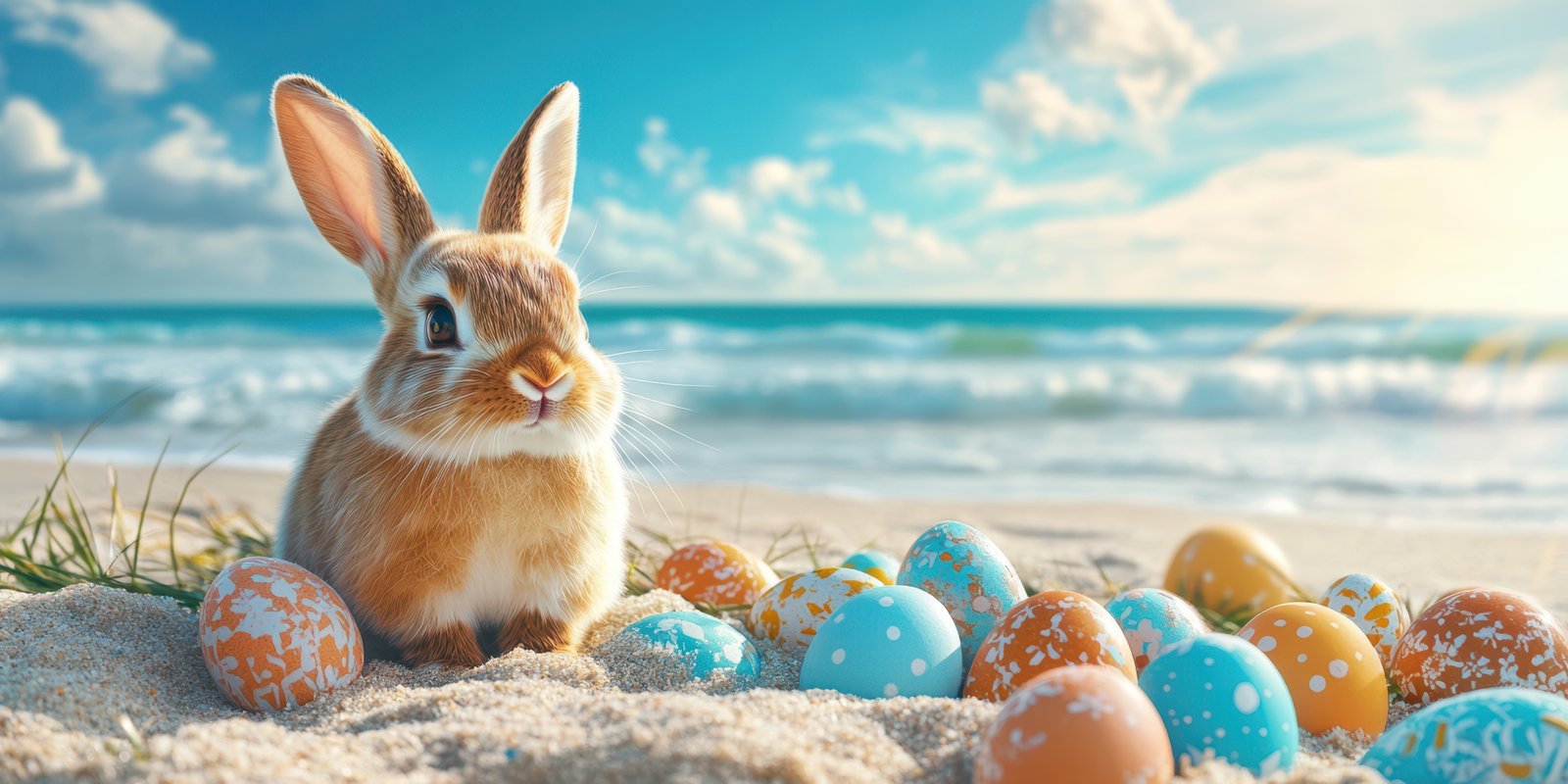 Cute rabbit sitting among colorful Easter eggs on a beach during a sunny day
